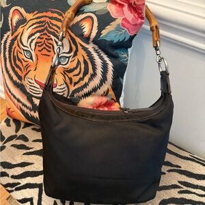 Gucci Vintage Brown Nylon Bamboo Handle Women's Bag